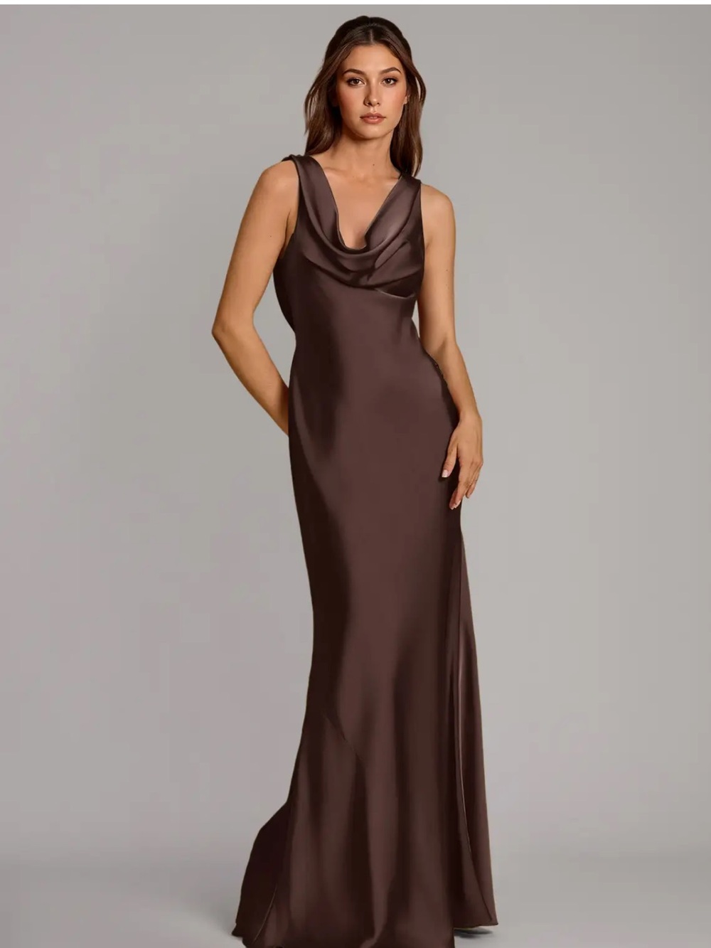 Azazie Cheryl Dress | Stretch Satin | Ganache Brown